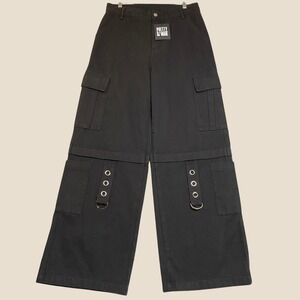 Pretty Damage Cargo Pants Women's Medium Black Wide Leg Grommet Goth Grunge NWT